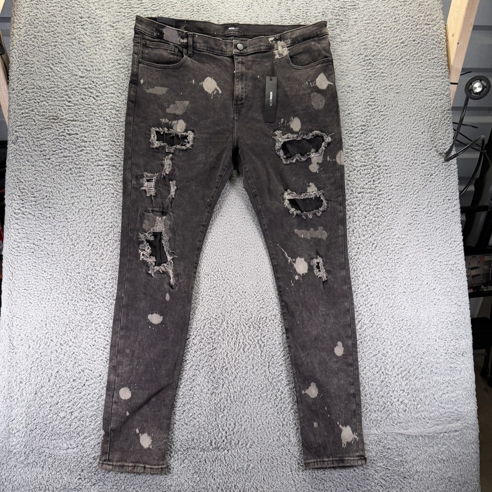 Fashion Nova Jean Men 40x34 Black Cotton Denim Stacked Skinny Distressed Stretch